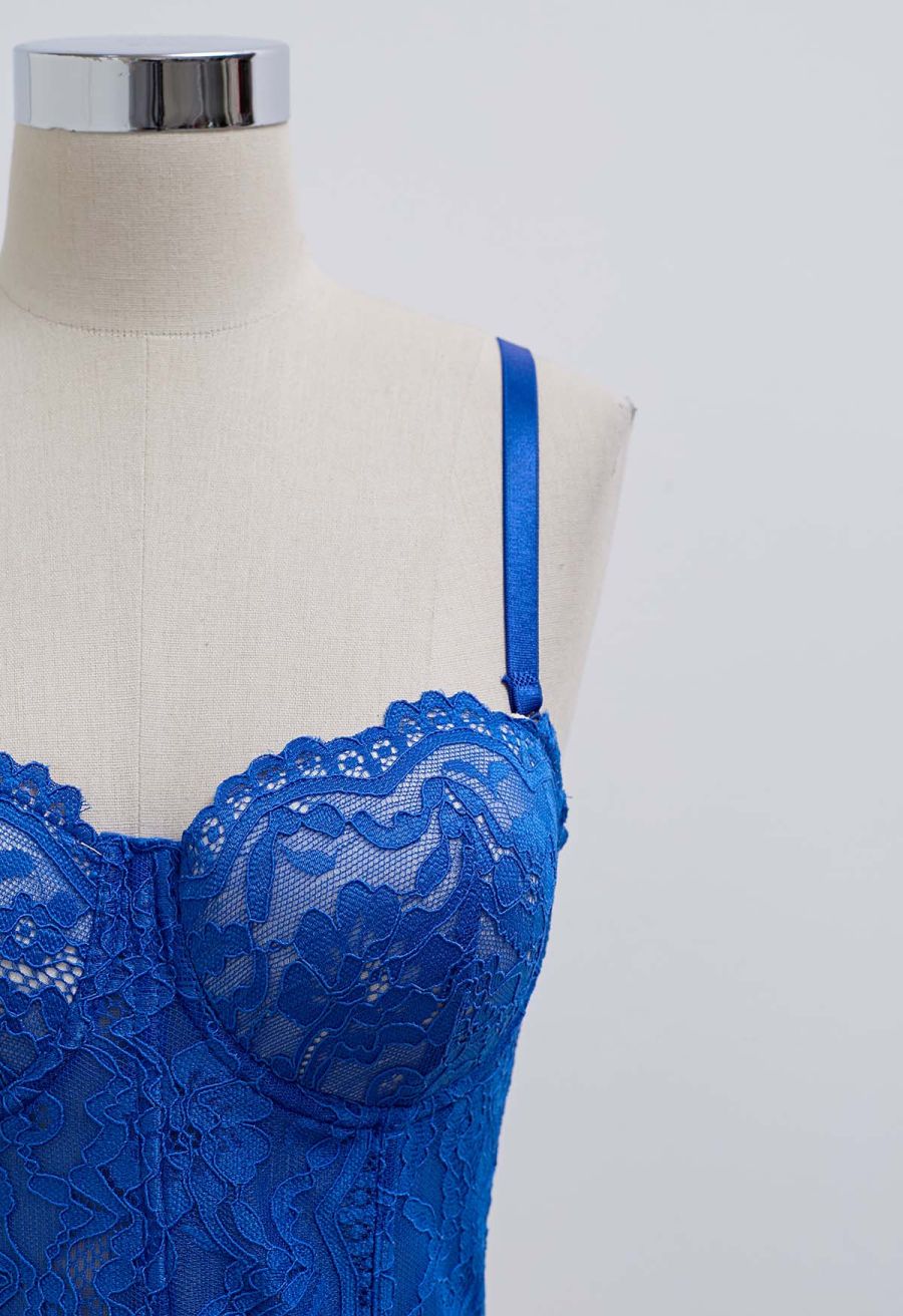Floral Lace Bustier Crop Top in Indigo