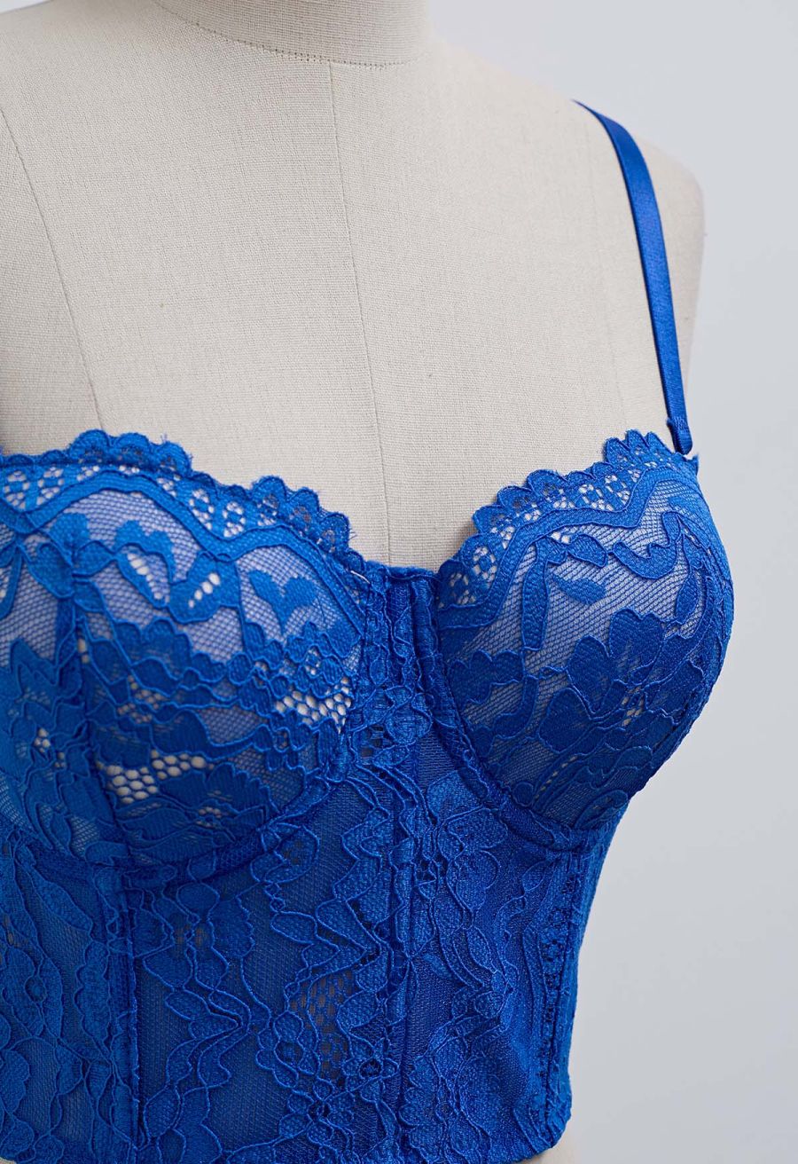 Floral Lace Bustier Crop Top in Indigo