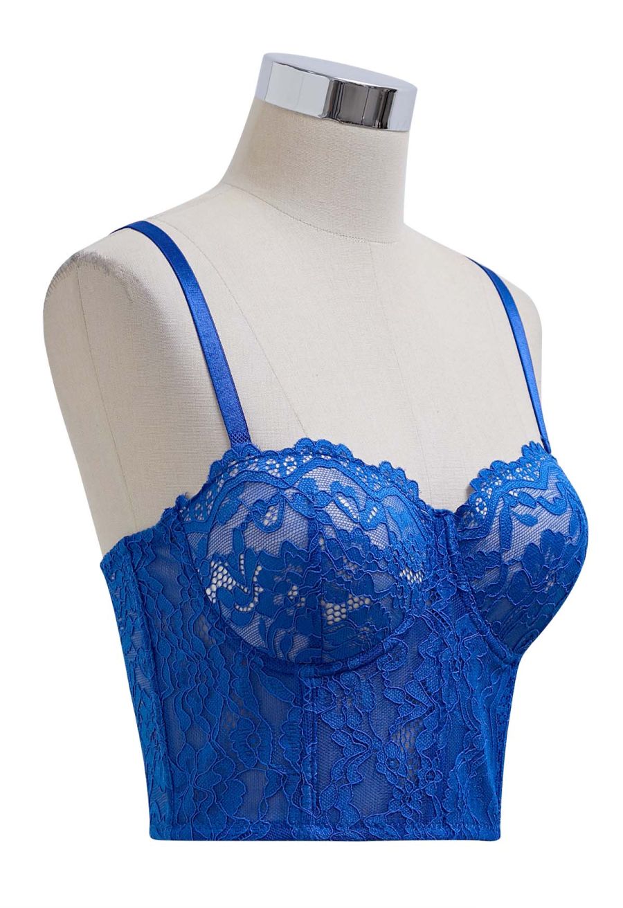 Floral Lace Bustier Crop Top in Indigo
