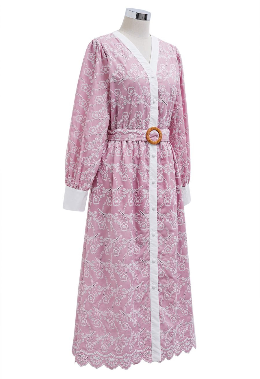 Dancing Floret Embroidered Button Down Dress in Pink