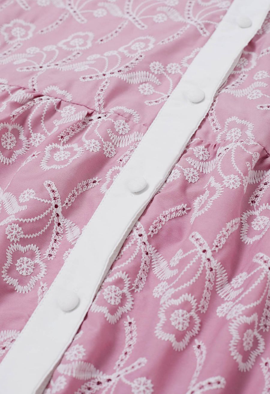Dancing Floret Embroidered Button Down Dress in Pink