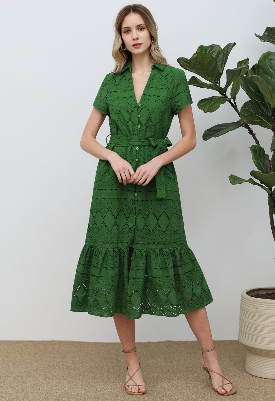 Greenery in Spring Embroidered Eyelet Frilling Dress
