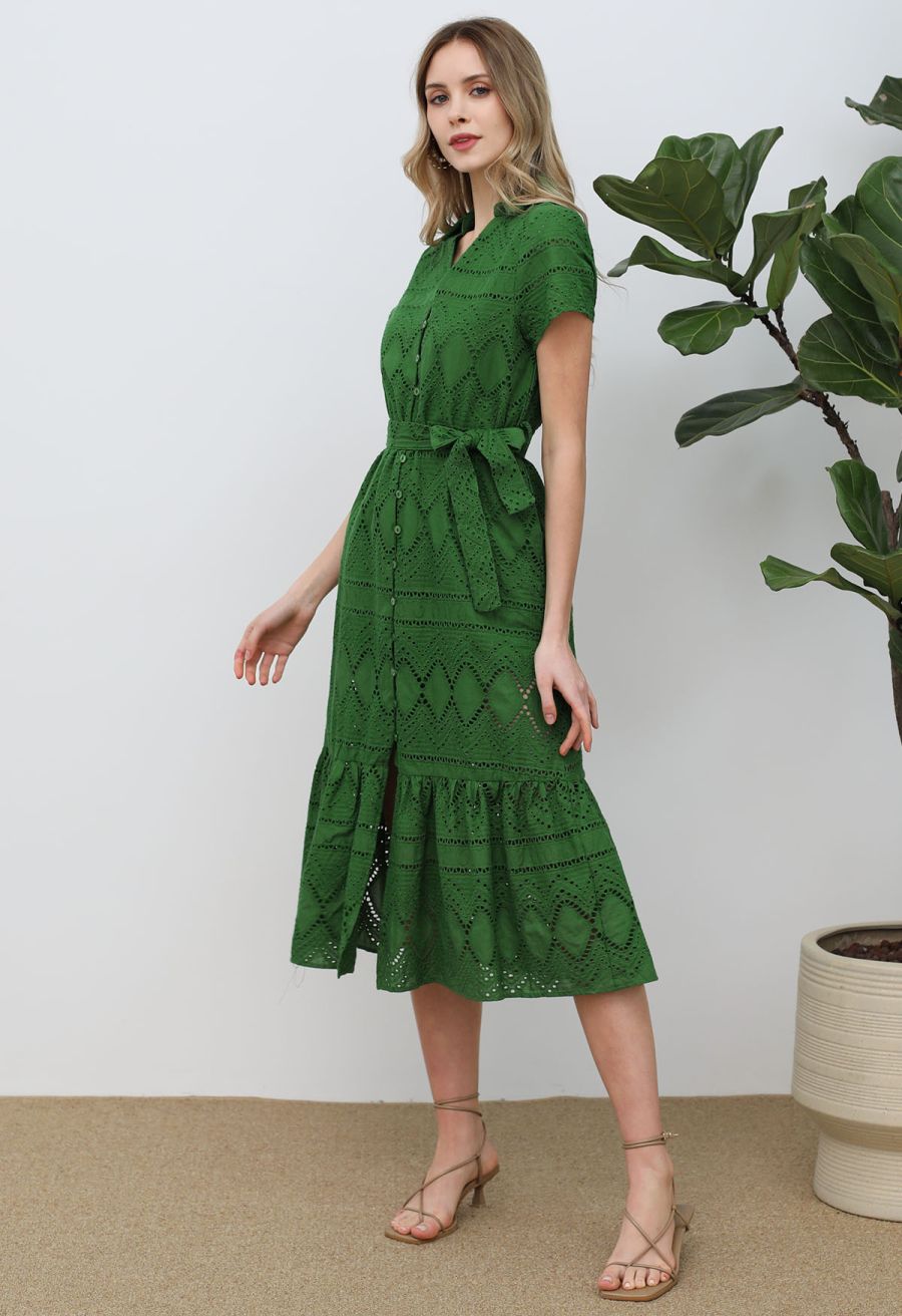 Greenery in Spring Embroidered Eyelet Frilling Dress