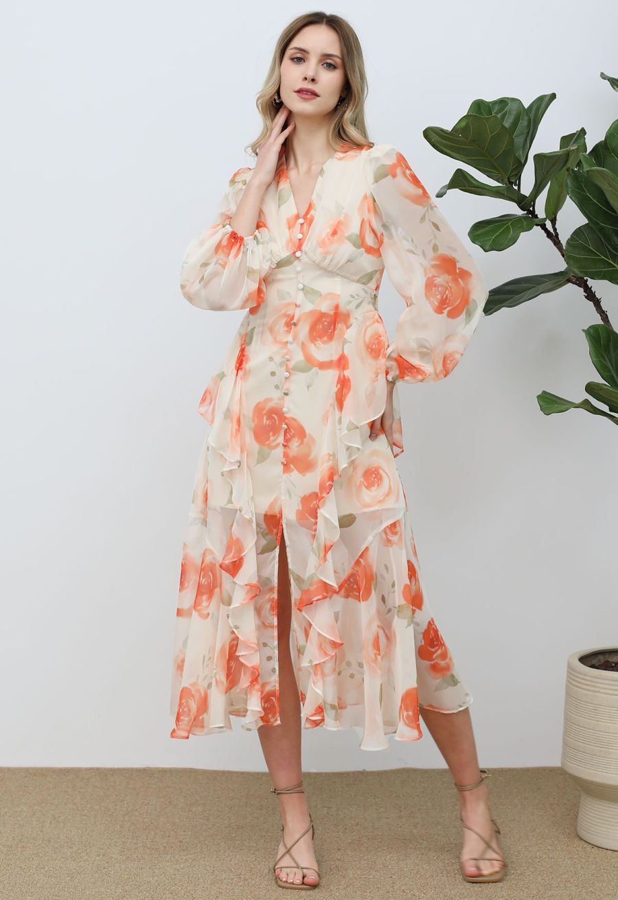 Delicate Ruffle Blossom Chiffon Dress