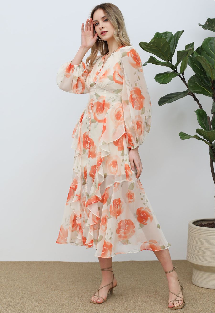 Delicate Ruffle Blossom Chiffon Dress