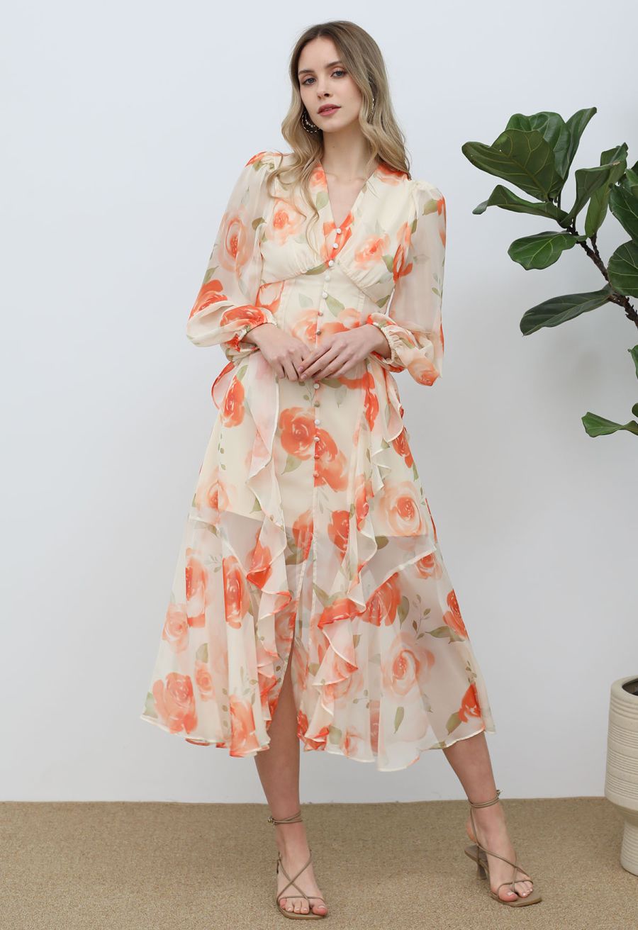 Delicate Ruffle Blossom Chiffon Dress