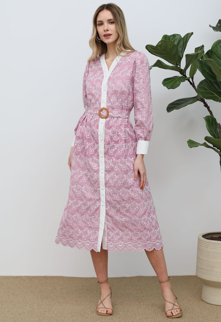 Dancing Floret Embroidered Button Down Dress in Pink