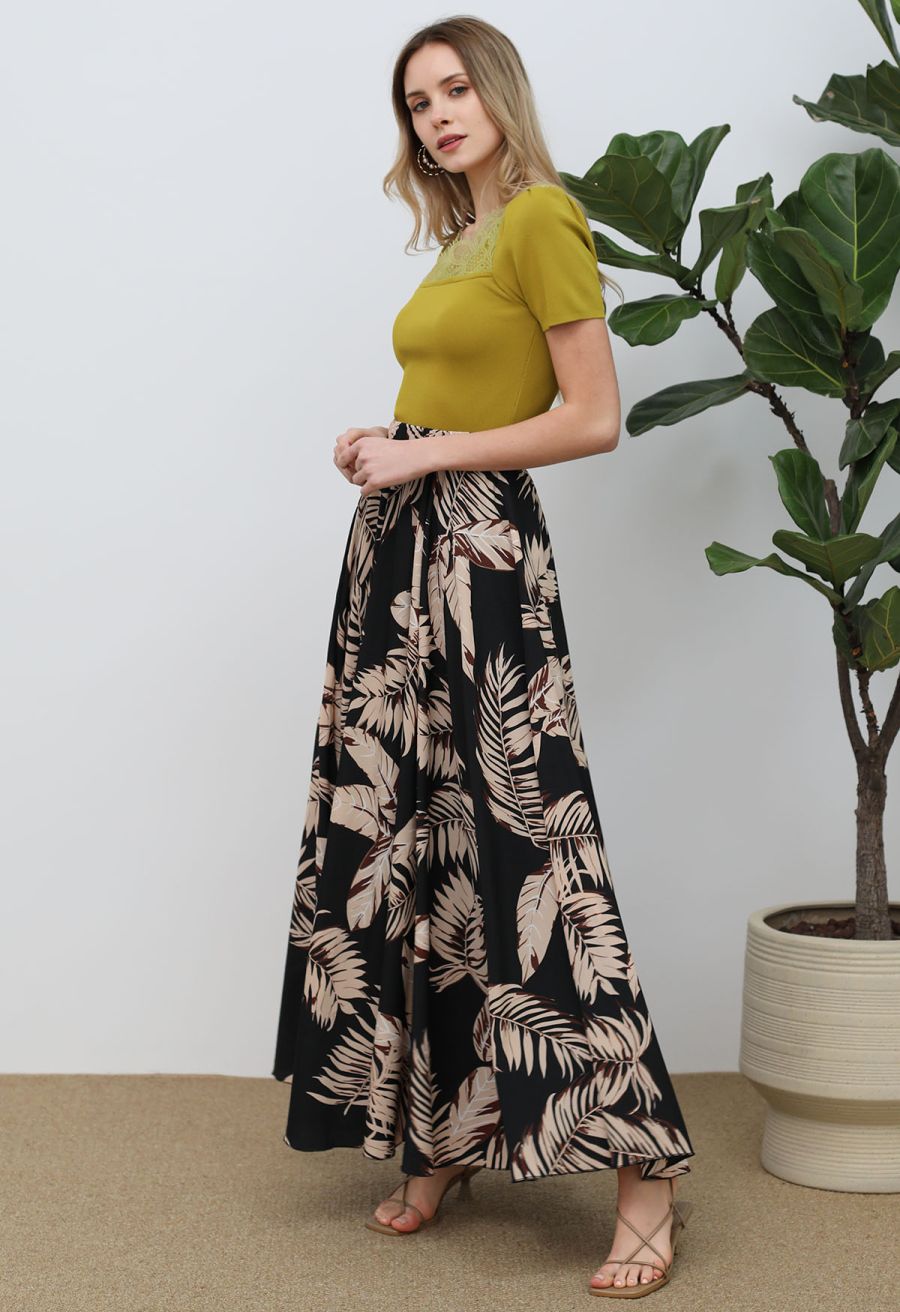 Palm Leaf Printed Chiffon Maxi Skirt