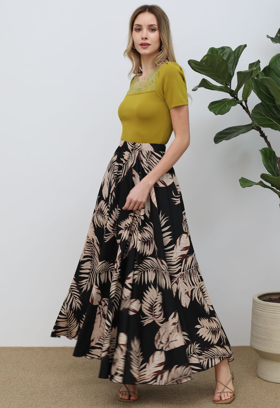 Palm Leaf Printed Chiffon Maxi Skirt