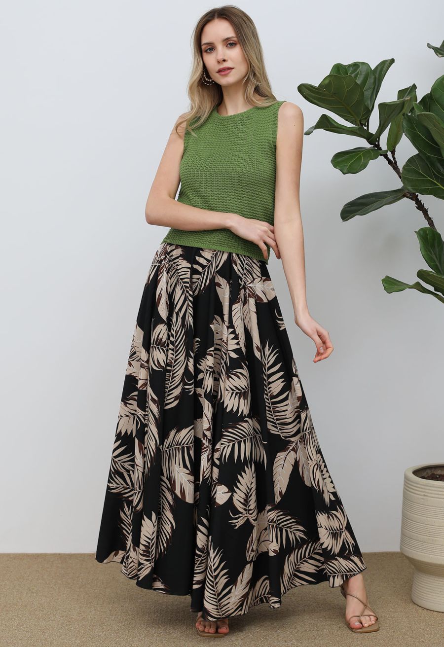 Palm Leaf Printed Chiffon Maxi Skirt