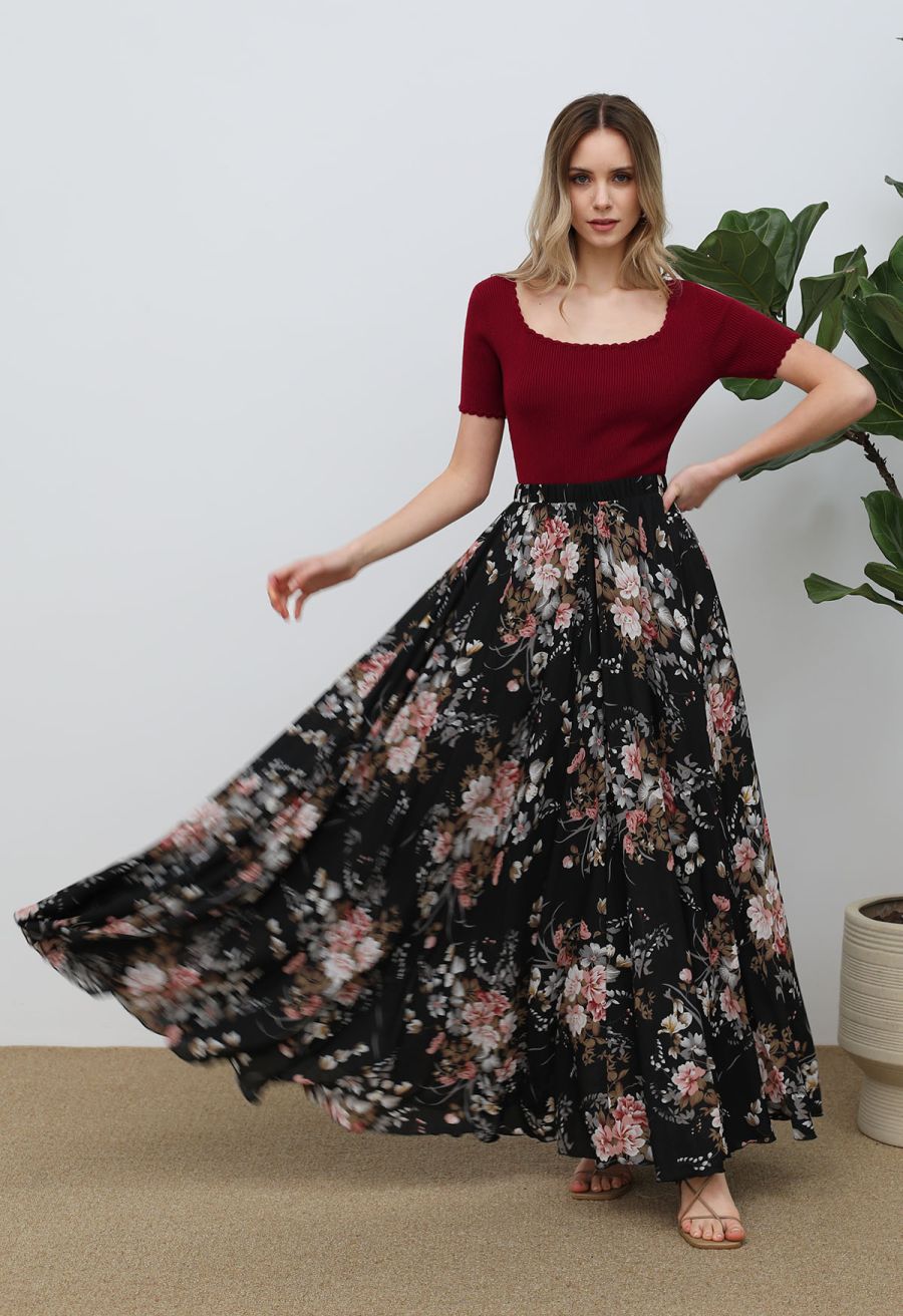 Spellbinding Bouquet Chiffon Maxi Skirt in Black