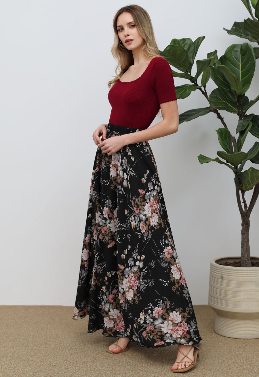 Spellbinding Bouquet Chiffon Maxi Skirt in Black