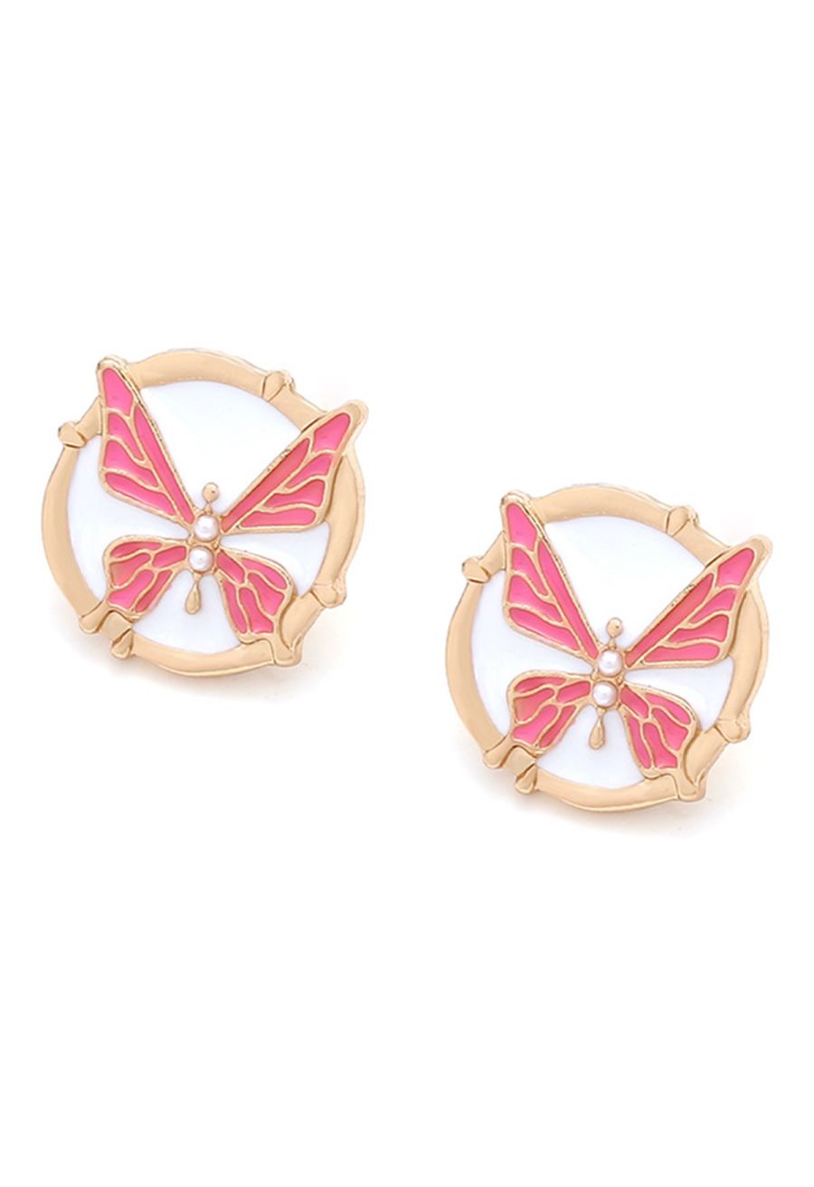 Metal Butterfly Oil Spilling Earrings in Coral