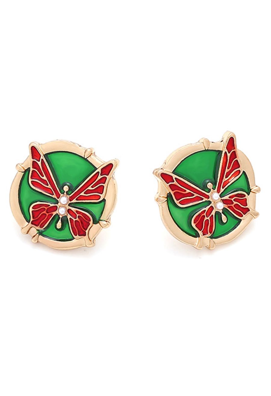 Metal Butterfly Oil Spilling Earrings in Red