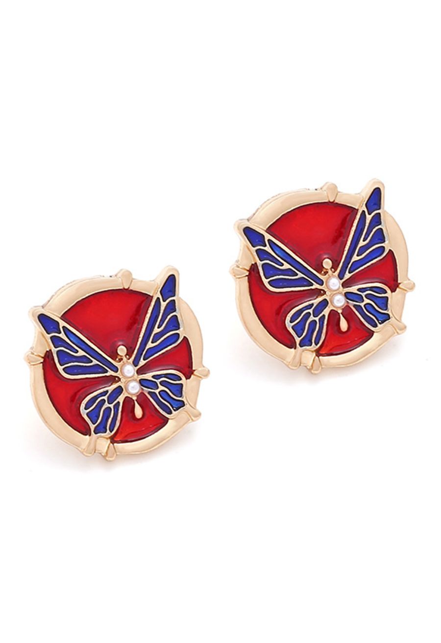 Metal Butterfly Oil Spilling Earrings in Blue