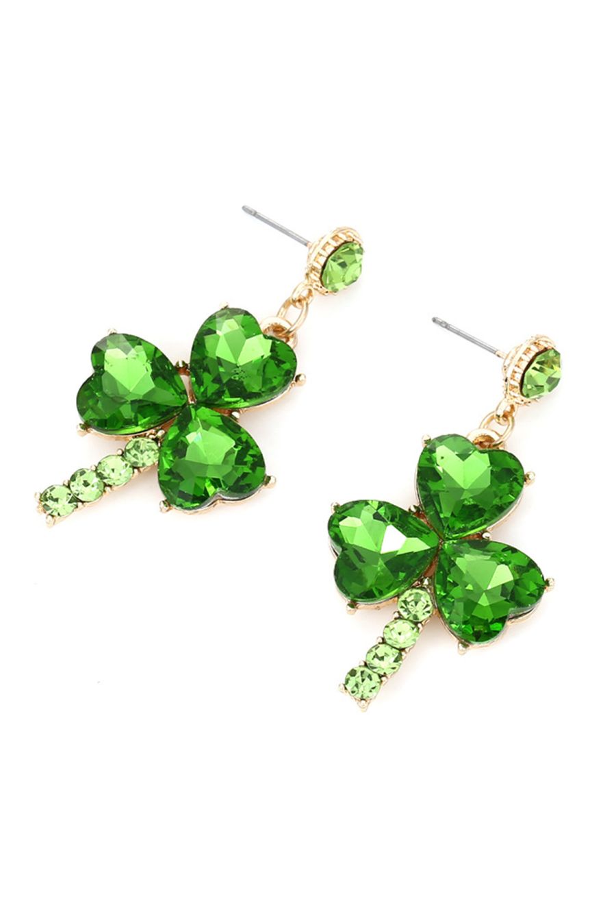Green Rhinestone Clover Earrings
