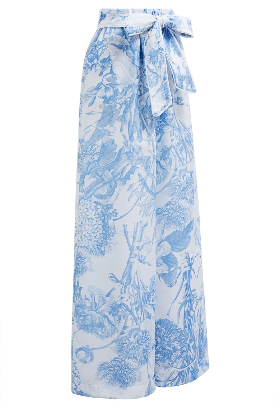 Blue Bouquet Printed Wide-Leg Pants