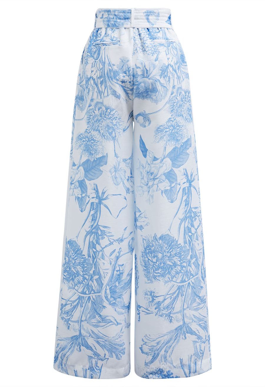 Blue Bouquet Printed Wide-Leg Pants