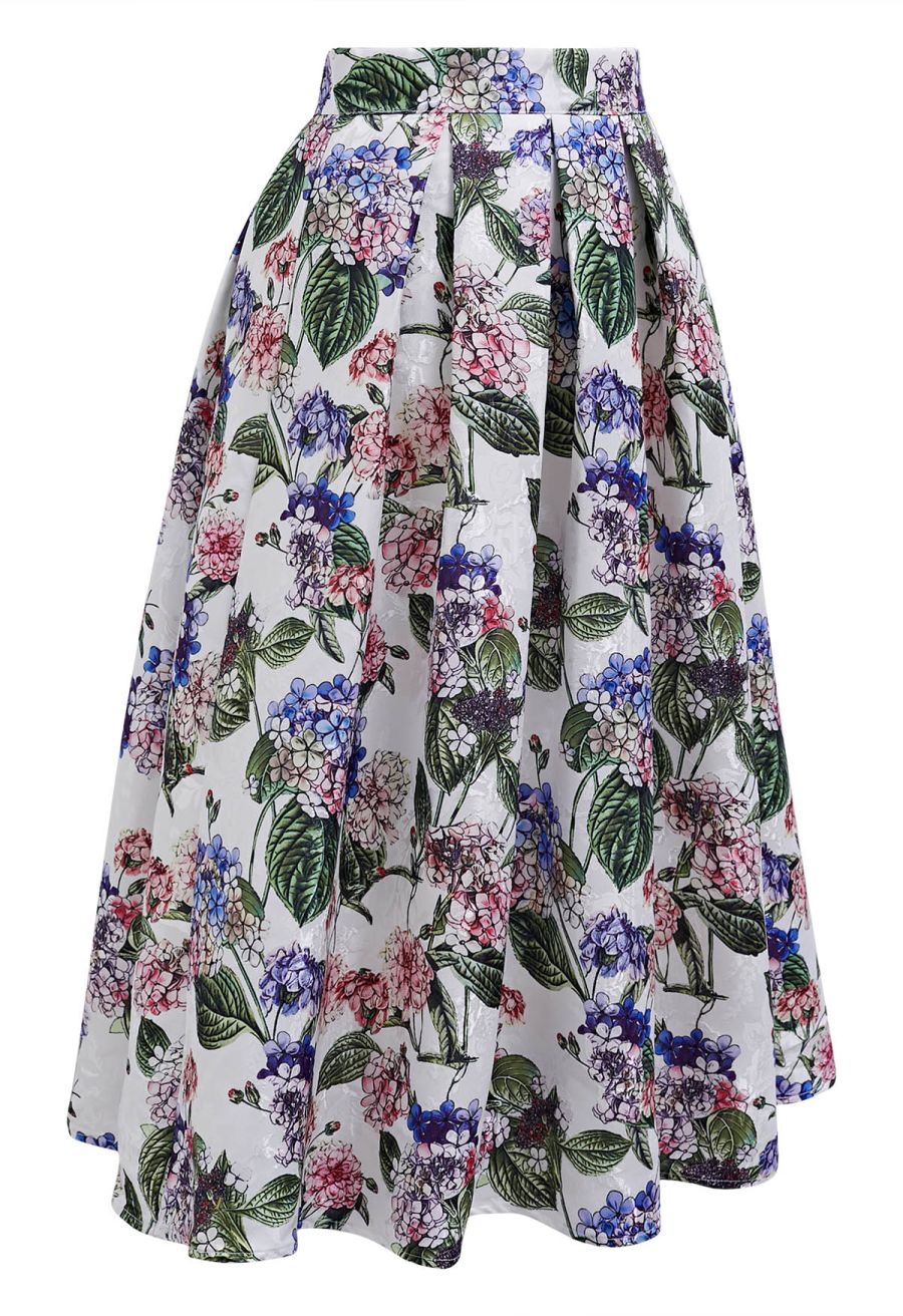 Watercolor Hydrangea Jacquard Pleated Midi Skirt