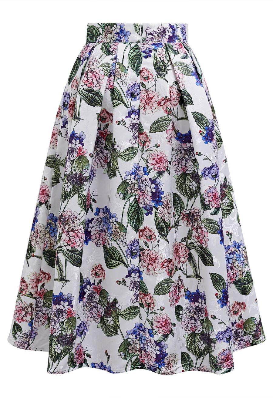 Watercolor Hydrangea Jacquard Pleated Midi Skirt