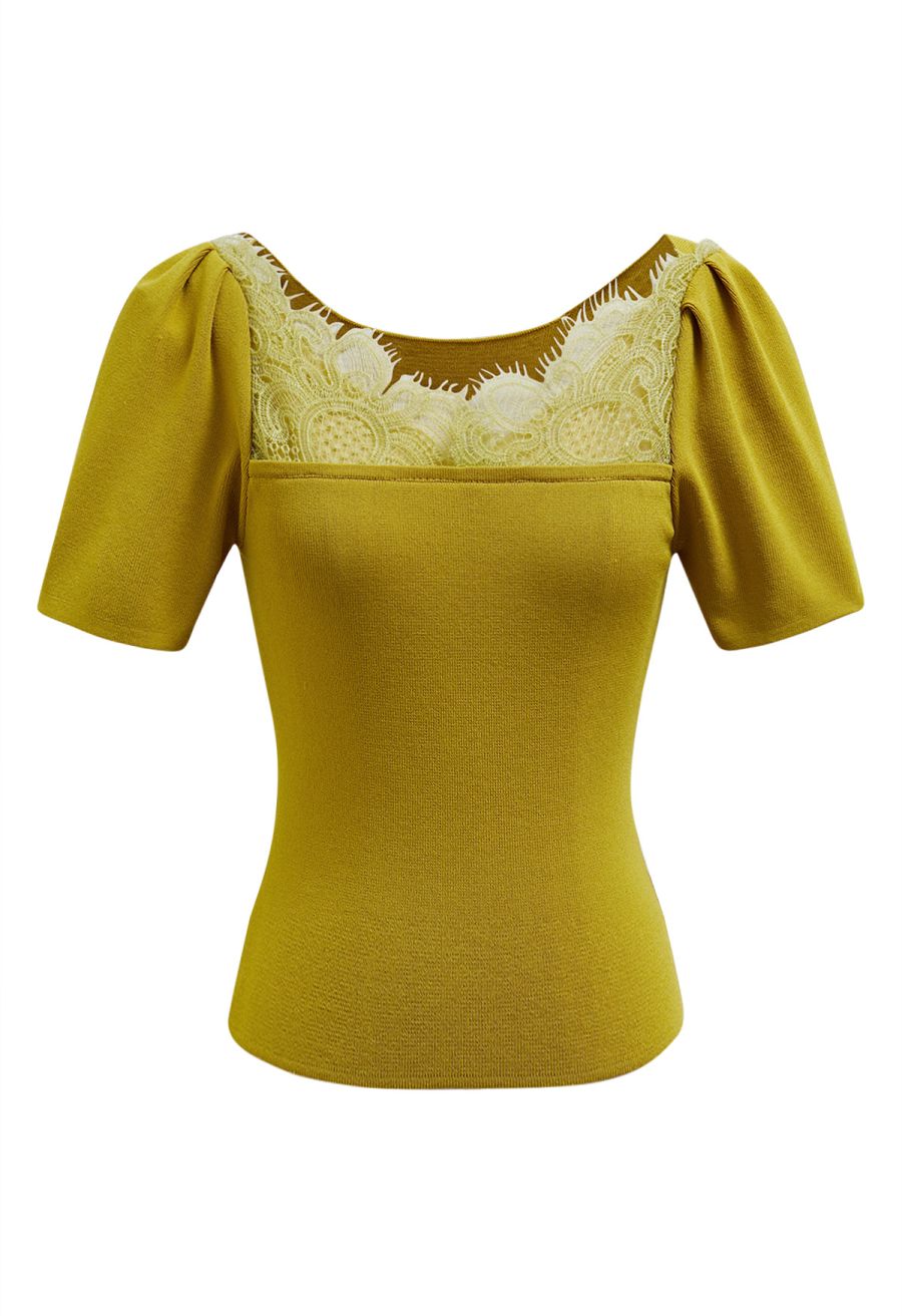 Lace Spliced Square Neckline Knit Top in Mustard