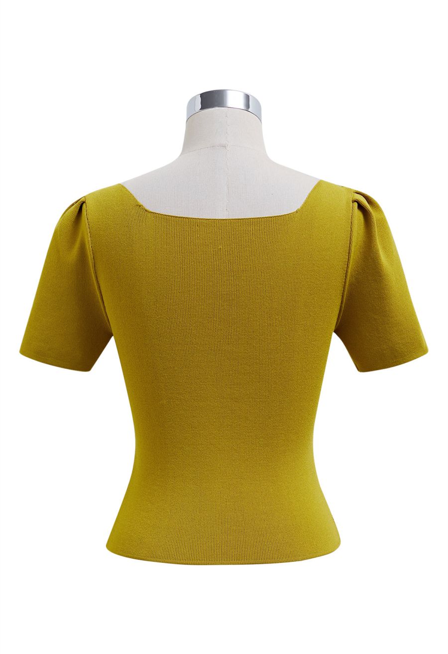 Lace Spliced Square Neckline Knit Top in Mustard