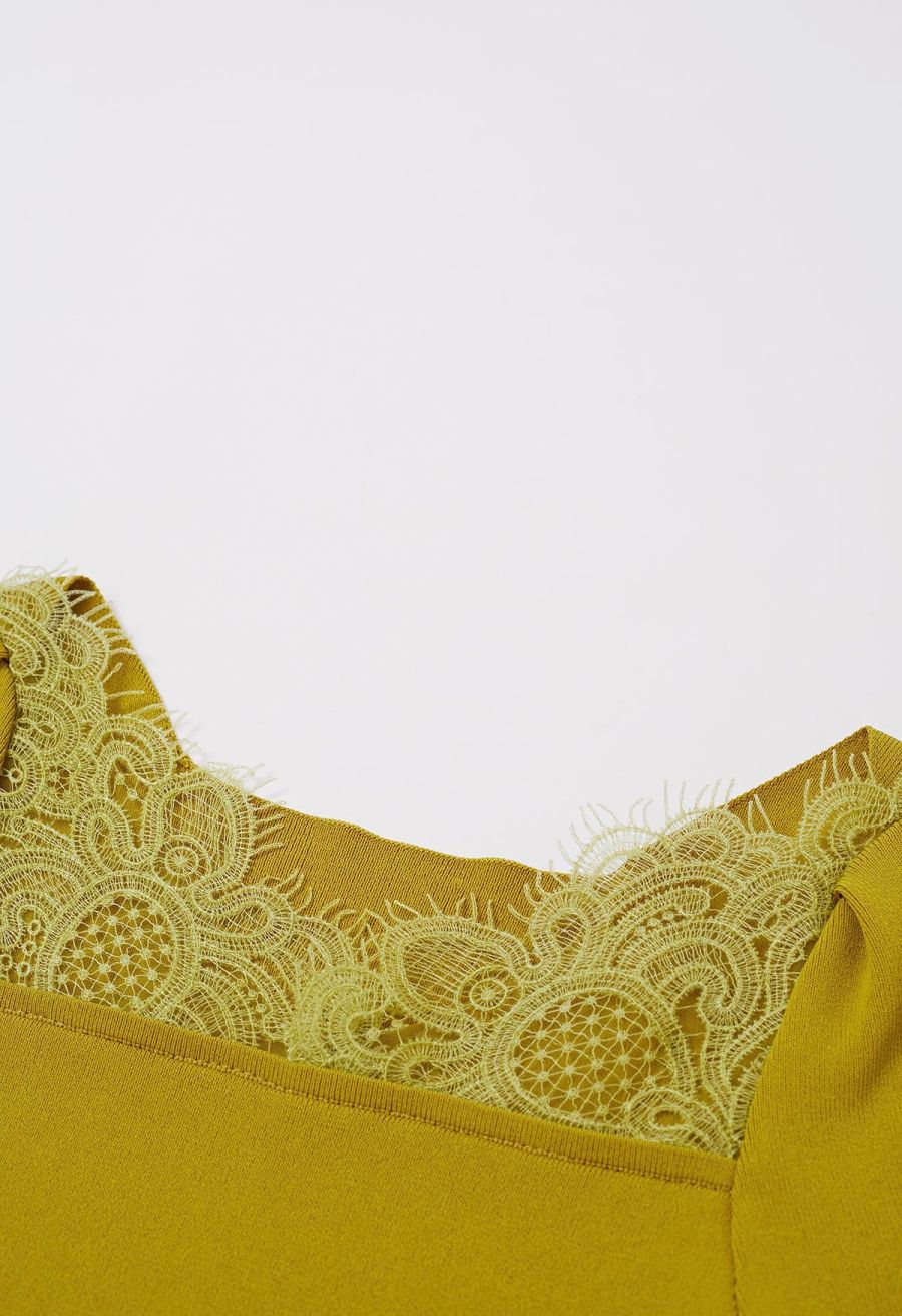 Lace Spliced Square Neckline Knit Top in Mustard