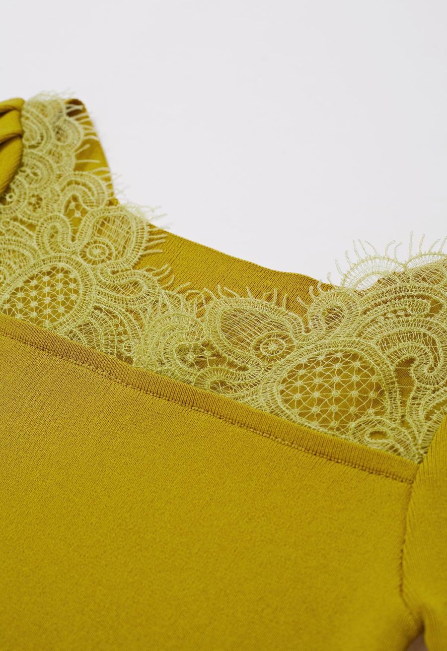 Lace Spliced Square Neckline Knit Top in Mustard