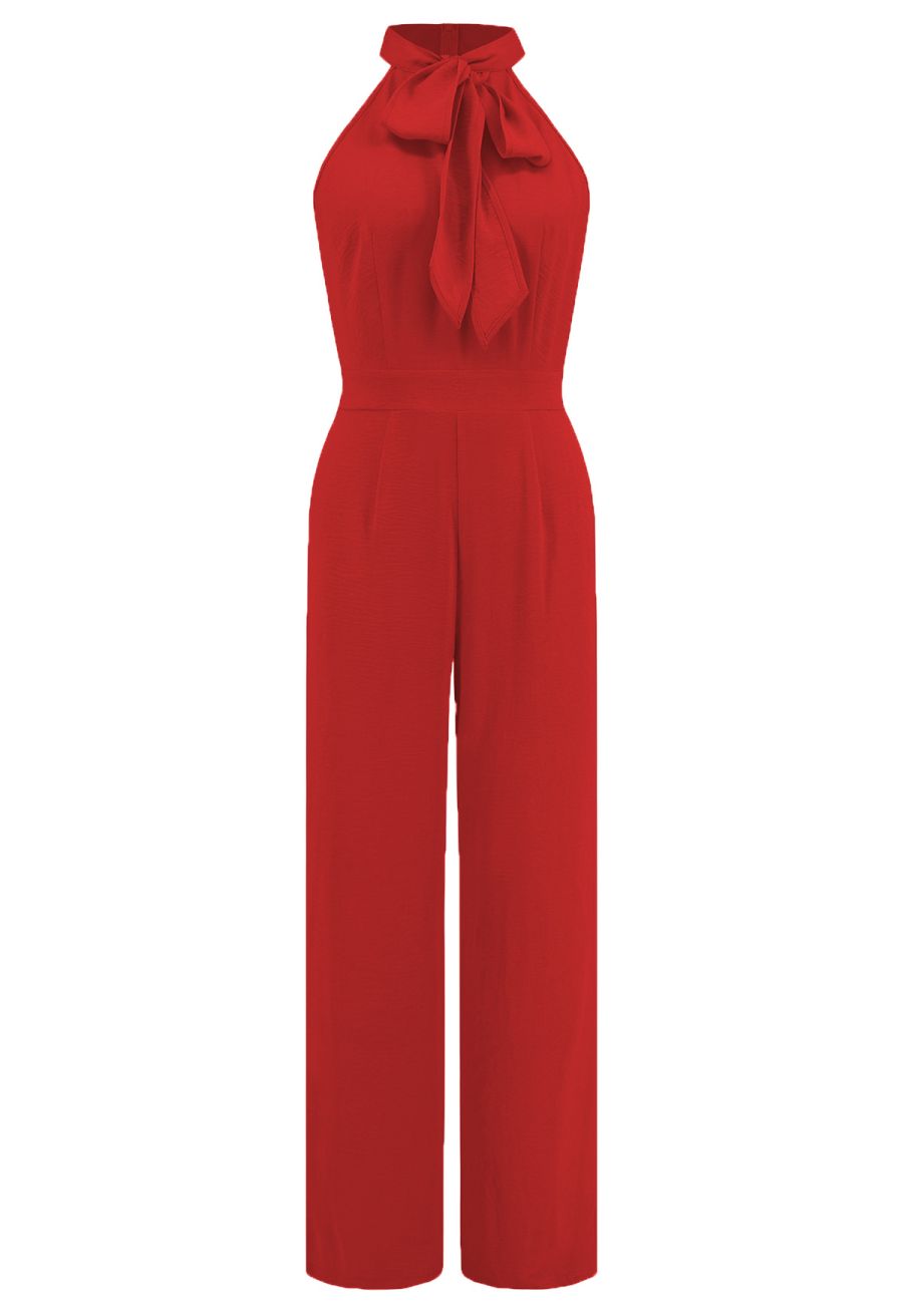 Sleek Bowknot Halter Neck Jumpsuit in Orange