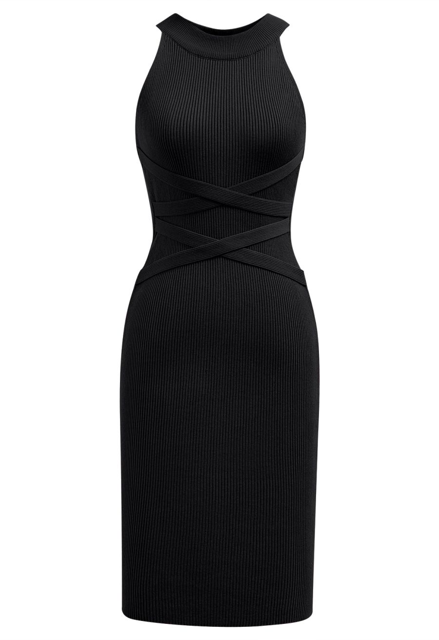 Criss Cross Waist Halter Knit Dress in Black
