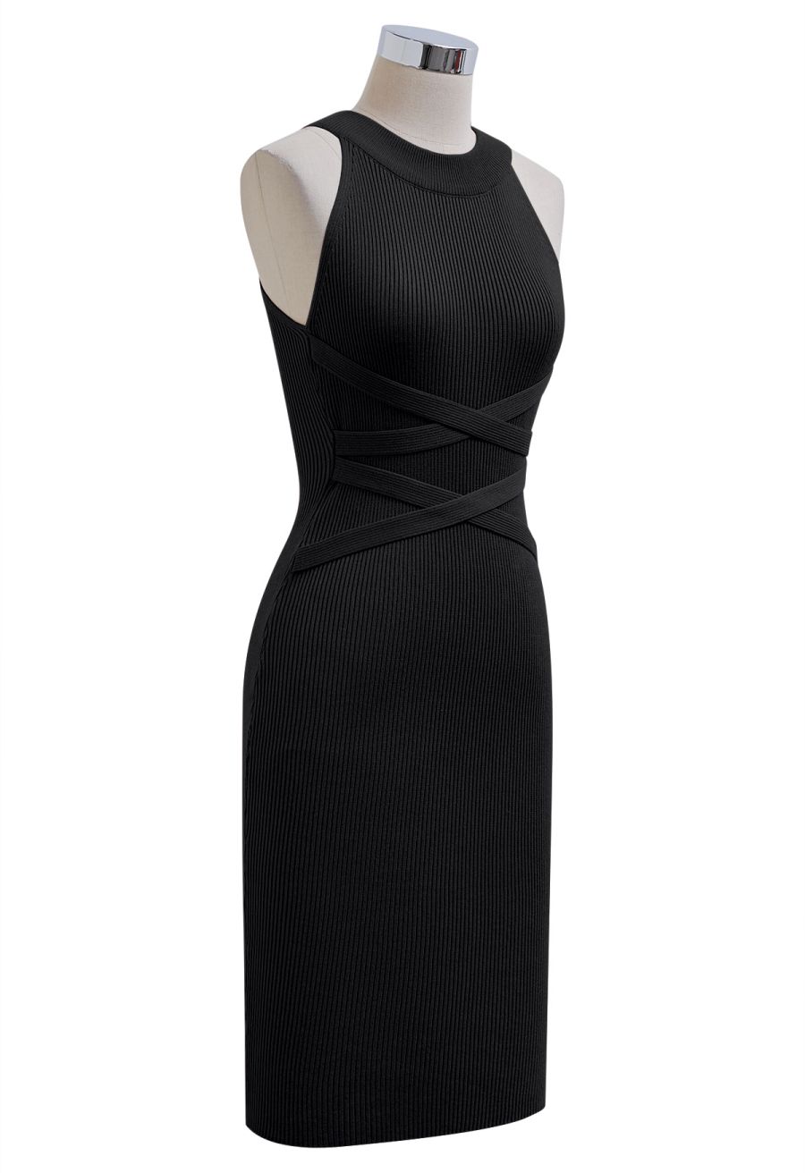 Criss Cross Waist Halter Knit Dress in Black