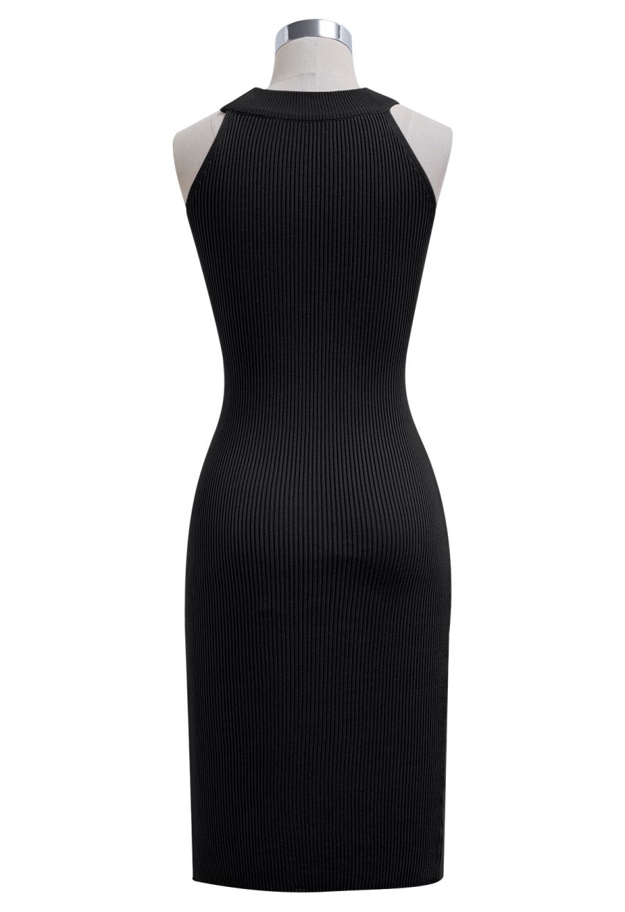 Criss Cross Waist Halter Knit Dress in Black