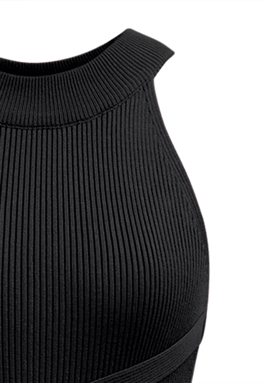 Criss Cross Waist Halter Knit Dress in Black