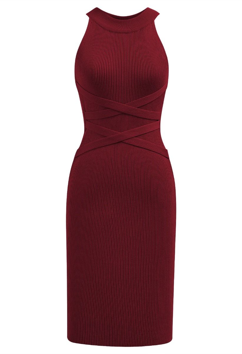 Criss Cross Waist Halter Knit Dress in Burgundy
