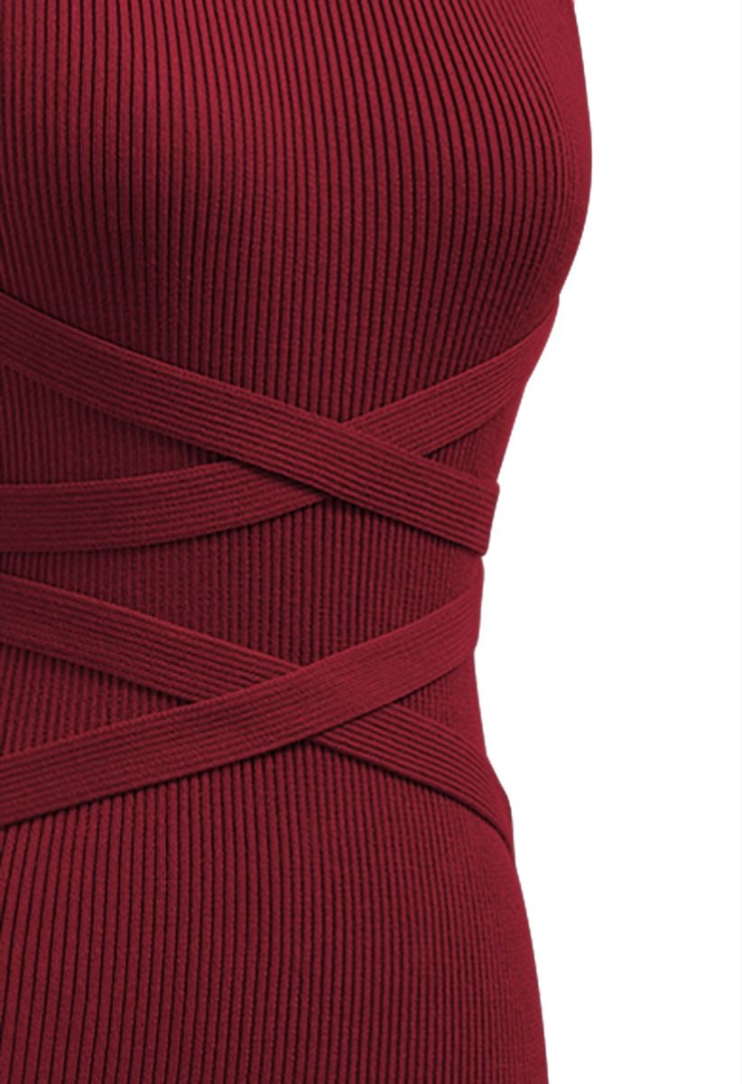Criss Cross Waist Halter Knit Dress in Burgundy
