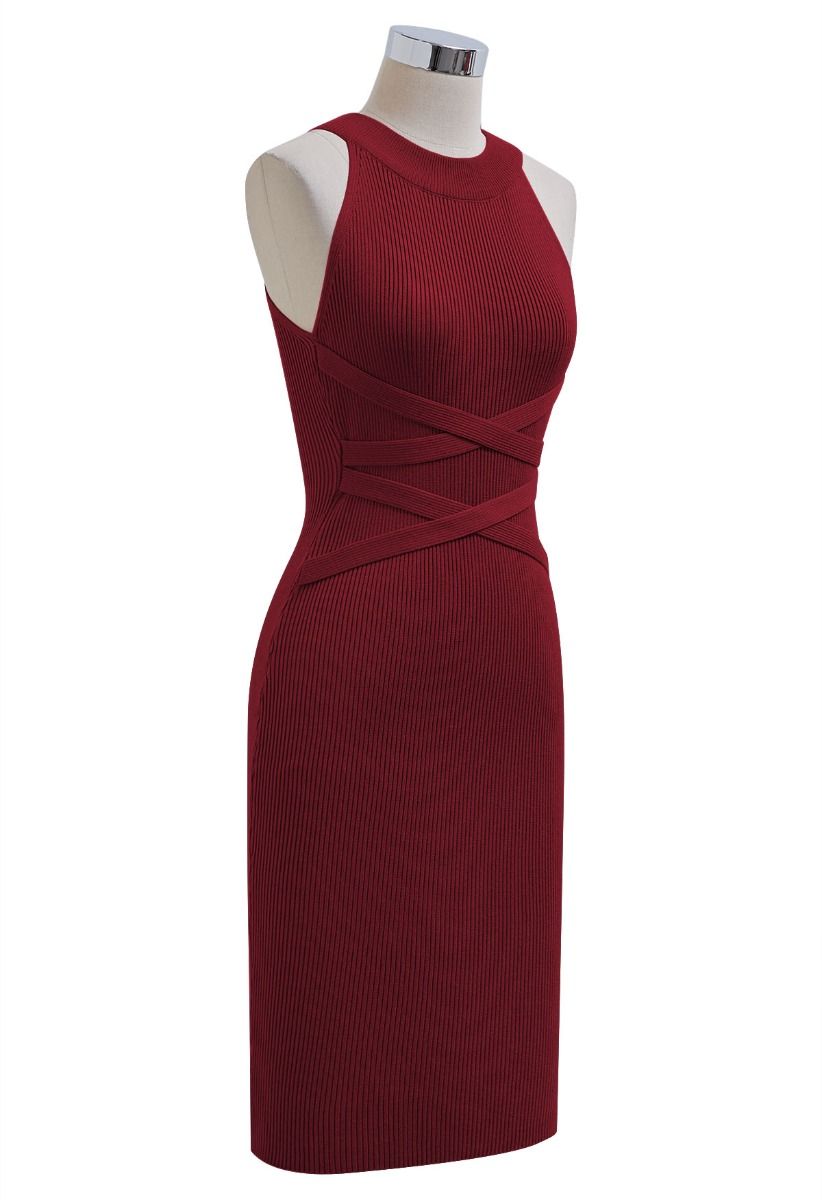 Criss Cross Waist Halter Knit Dress in Burgundy