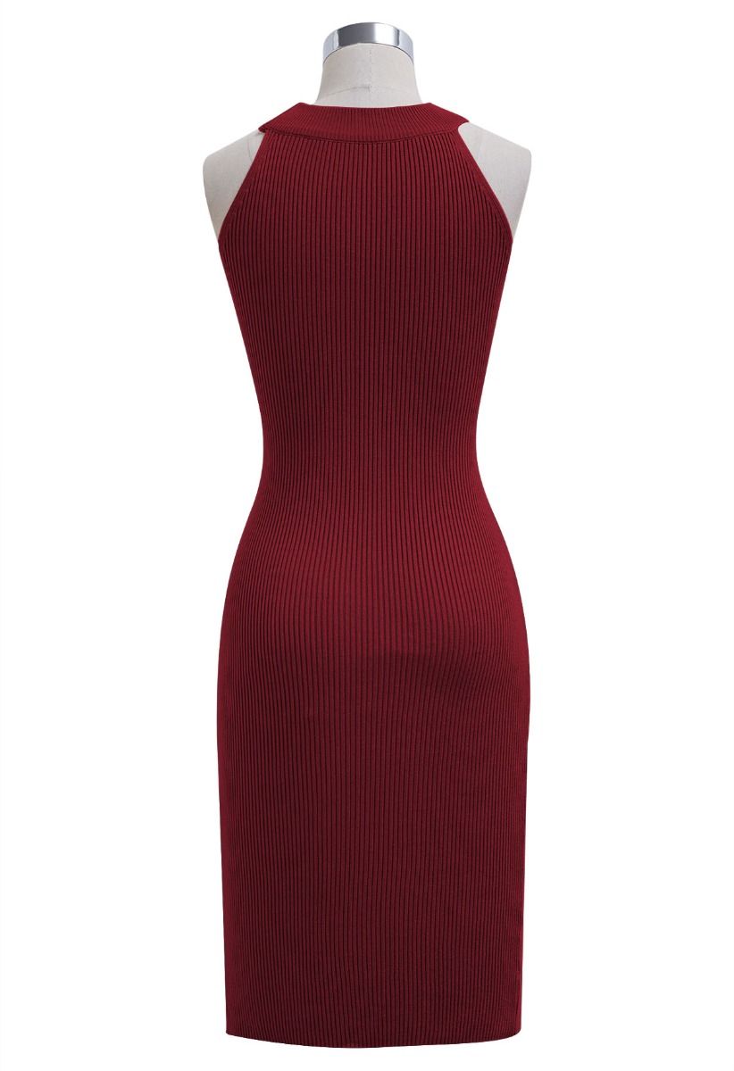 Criss Cross Waist Halter Knit Dress in Burgundy