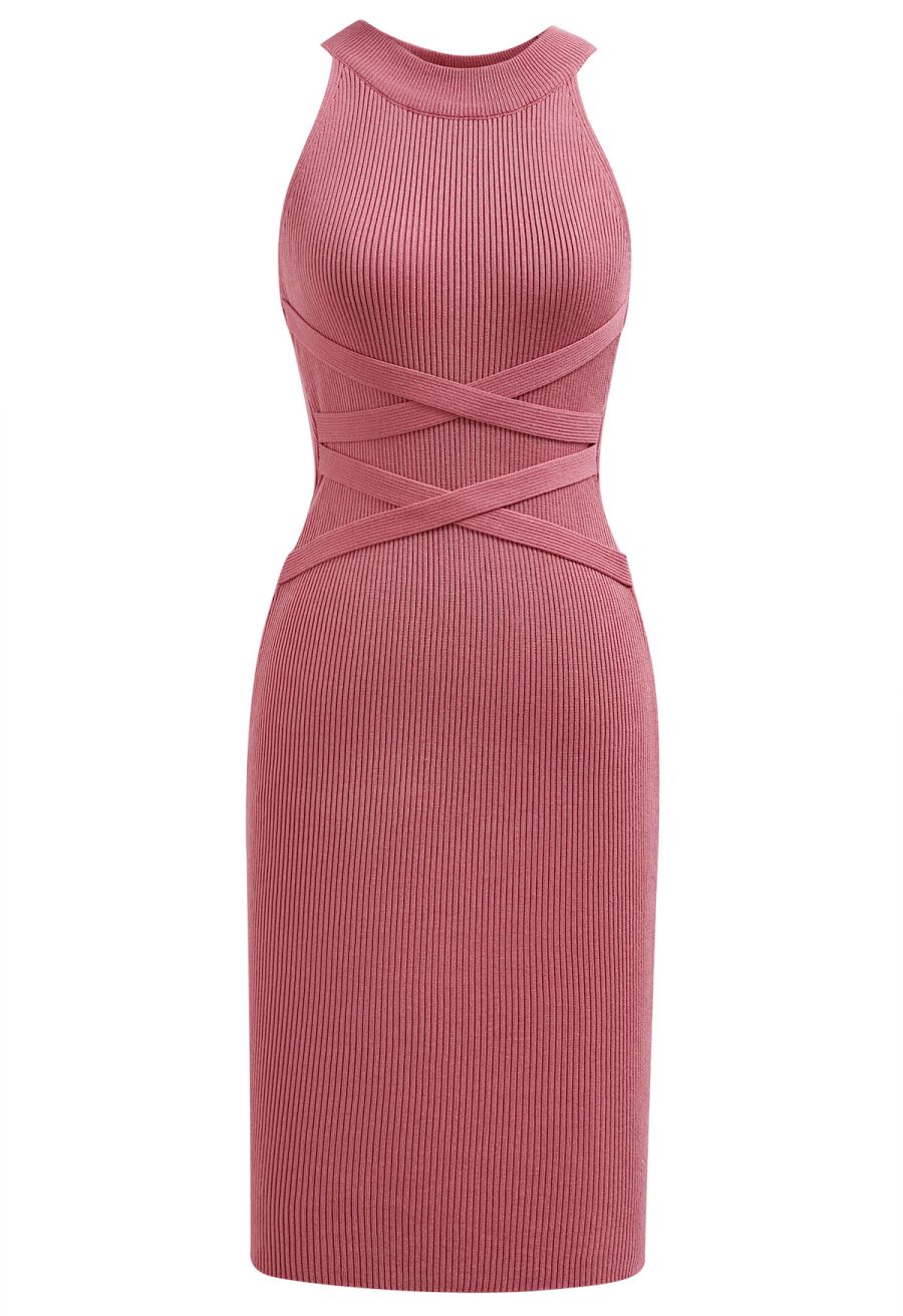 Criss Cross Waist Halter Knit Dress in Coral