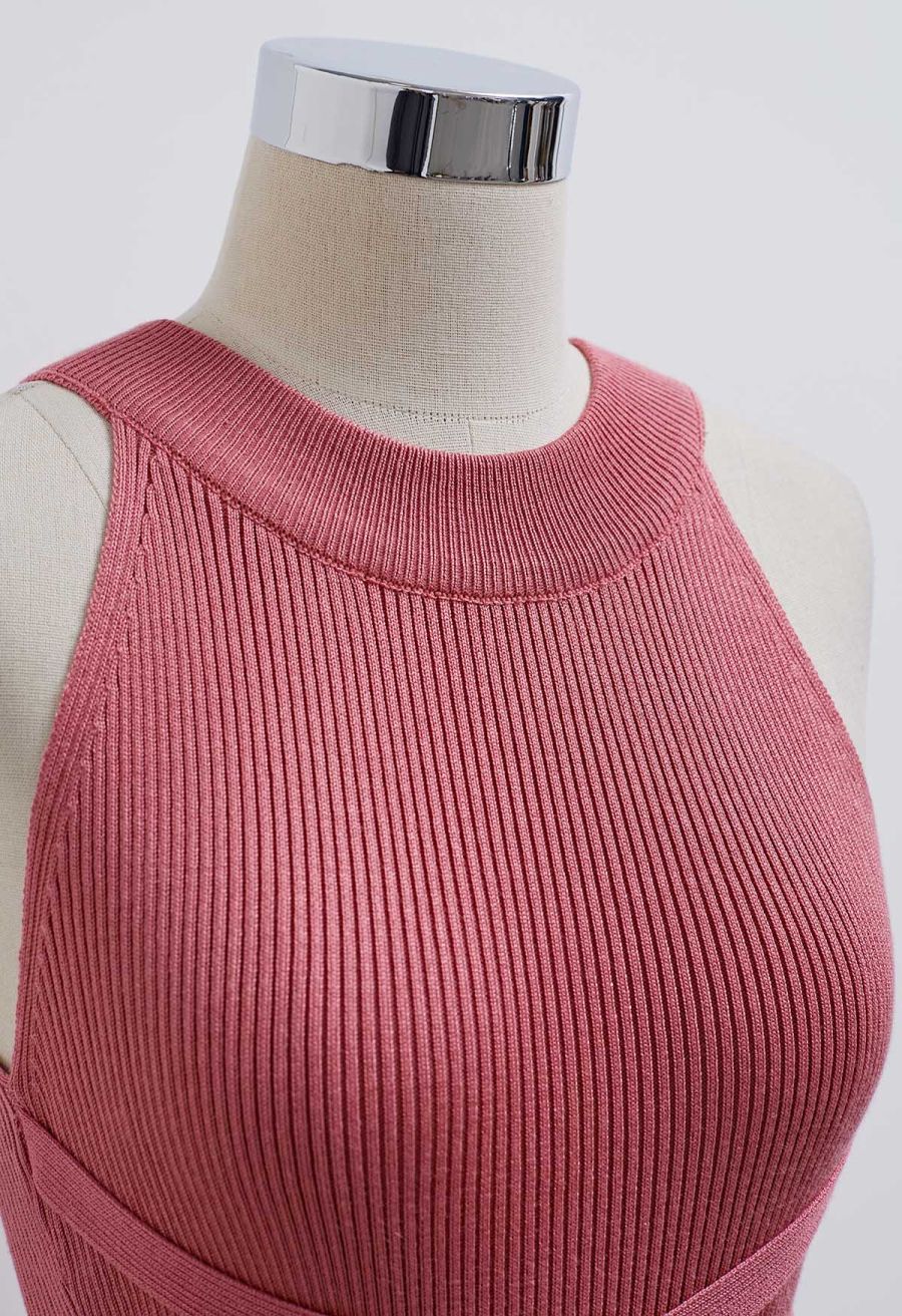 Criss Cross Waist Halter Knit Dress in Coral