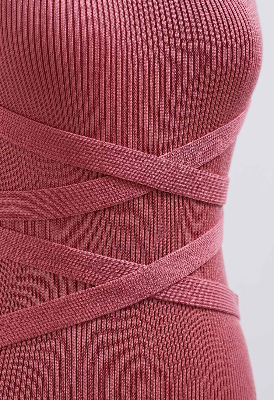 Criss Cross Waist Halter Knit Dress in Coral