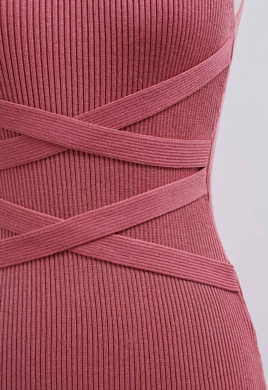 Criss Cross Waist Halter Knit Dress in Coral