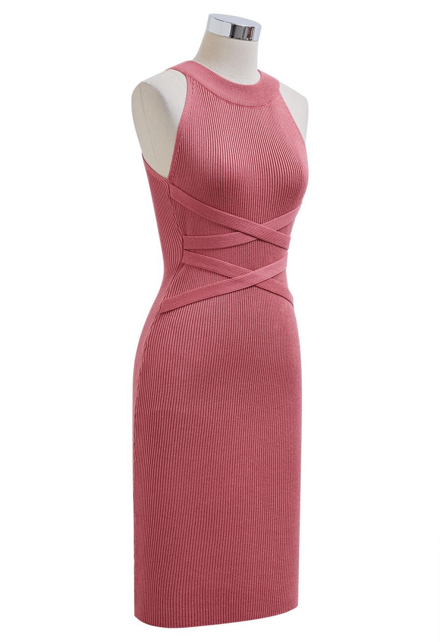 Criss Cross Waist Halter Knit Dress in Coral