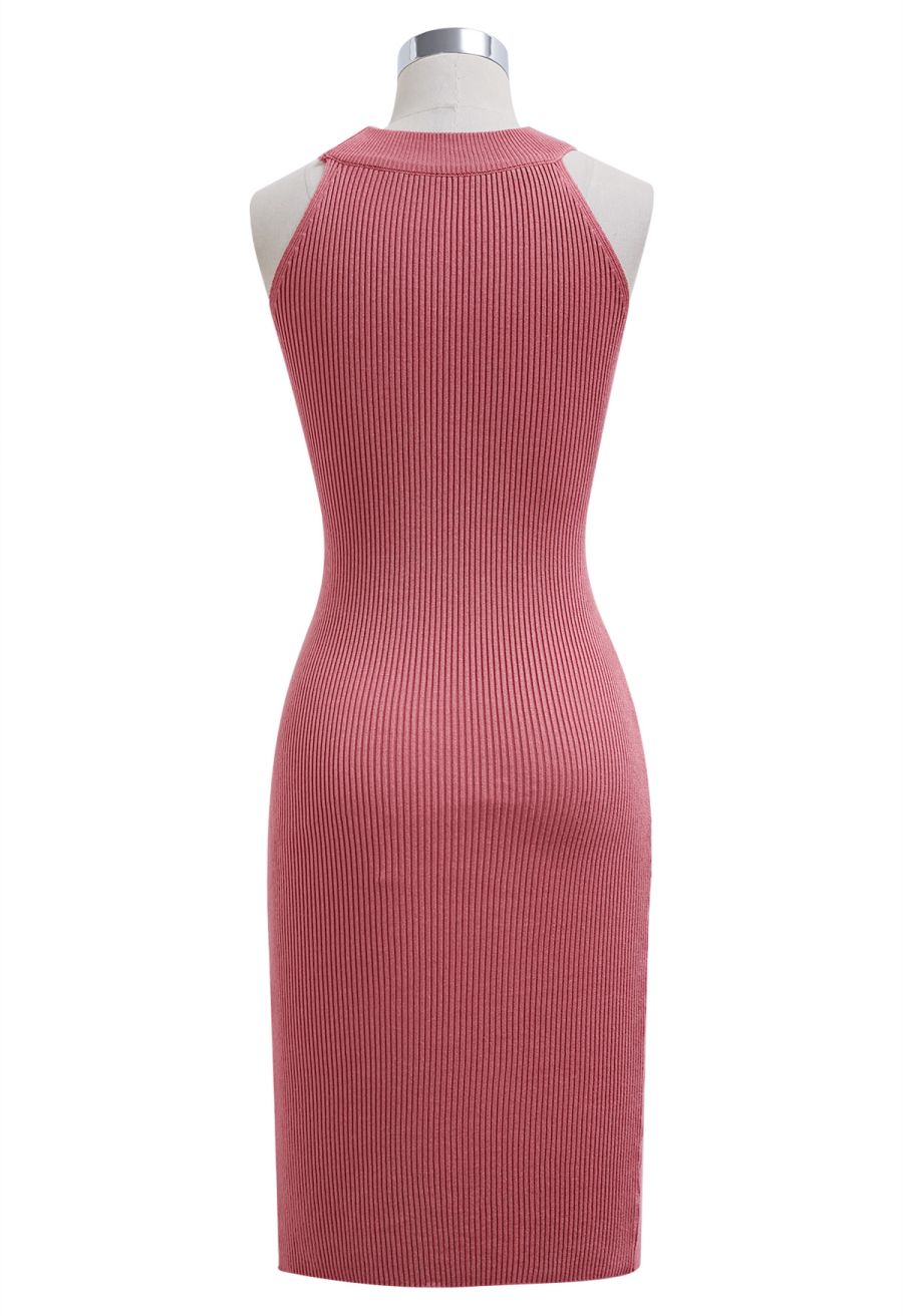 Criss Cross Waist Halter Knit Dress in Coral