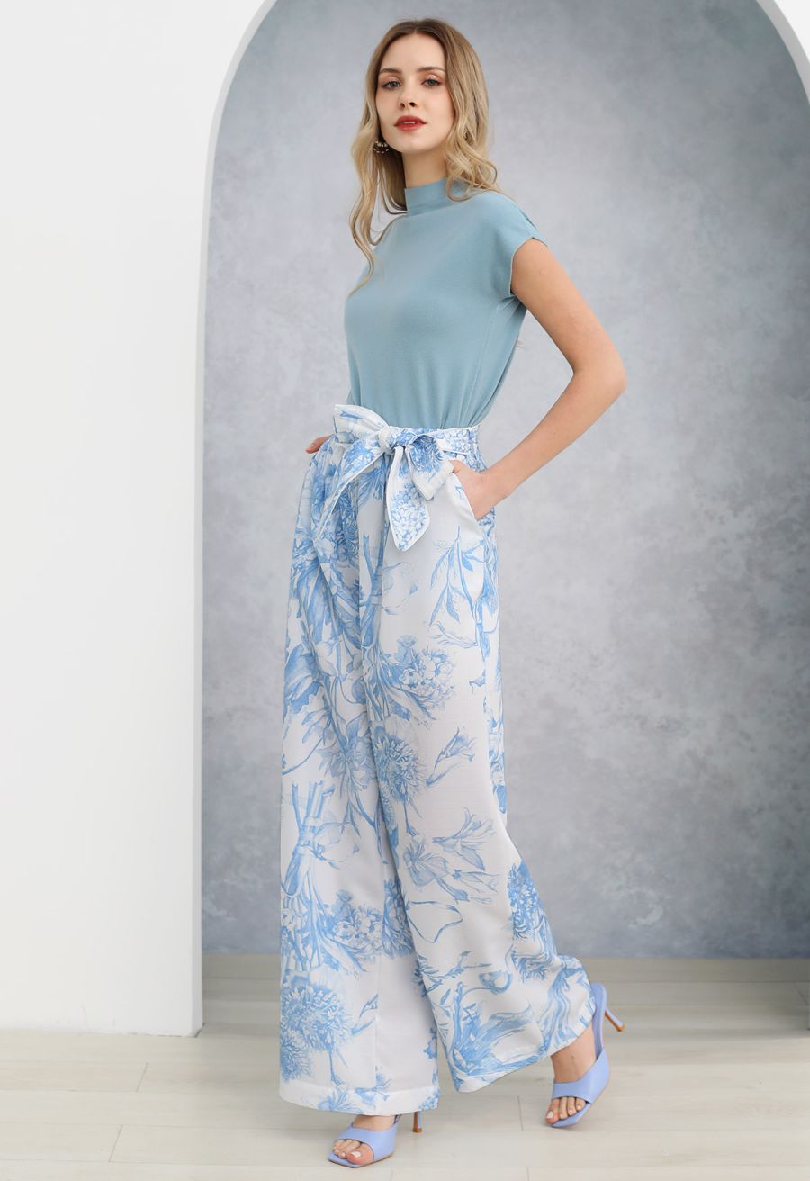 Blue Bouquet Printed Wide-Leg Pants