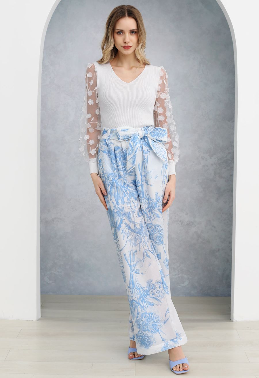 Blue Bouquet Printed Wide-Leg Pants