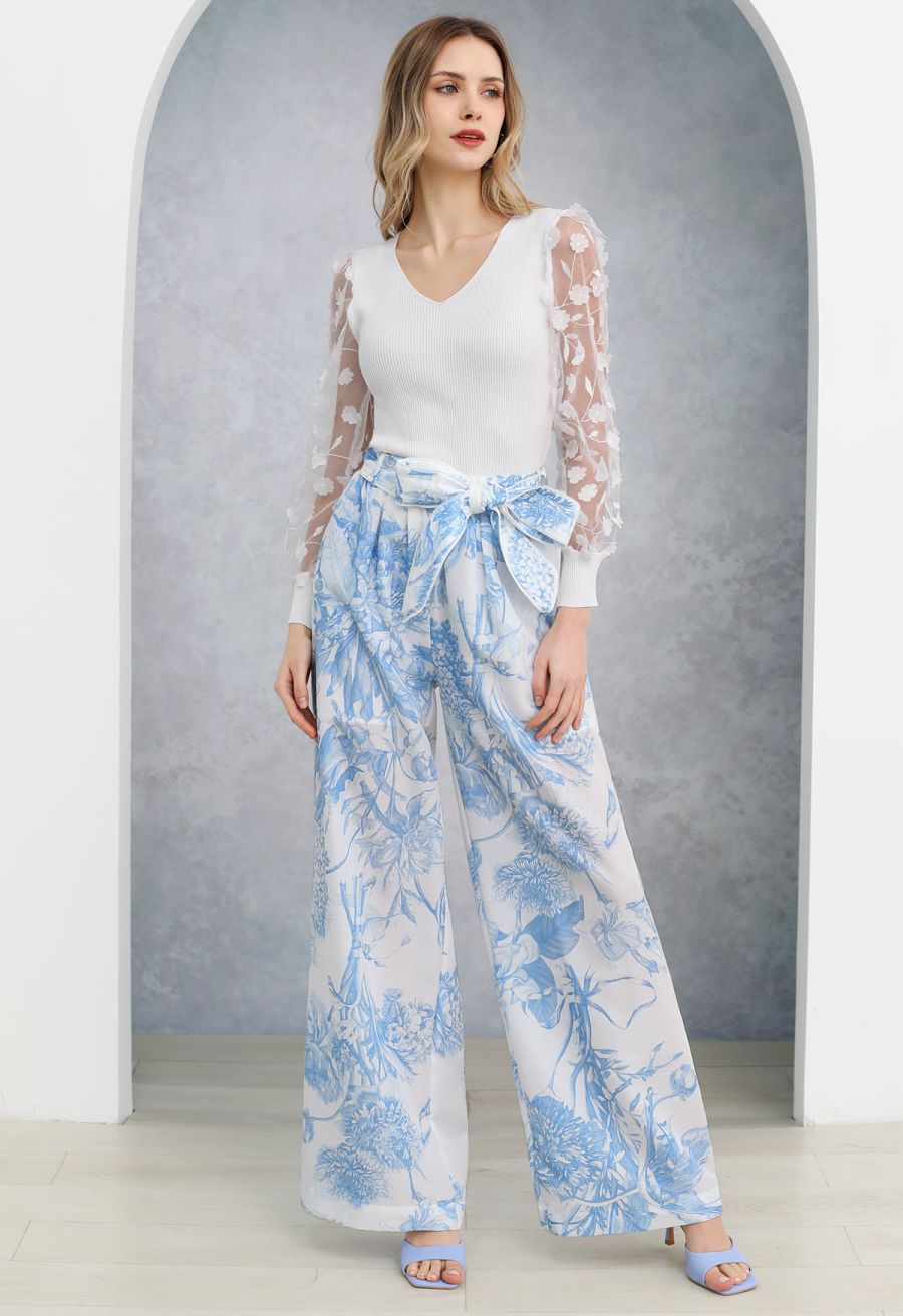 Blue Bouquet Printed Wide-Leg Pants