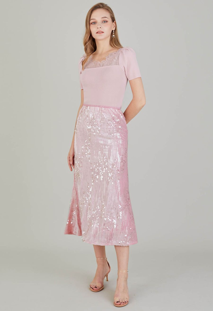 Lace Spliced Square Neckline Knit Top in Pink
