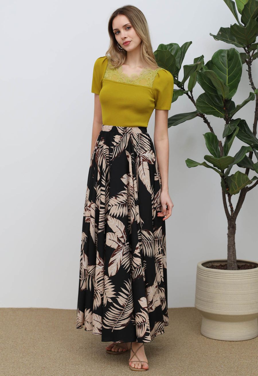 Lace Spliced Square Neckline Knit Top in Mustard