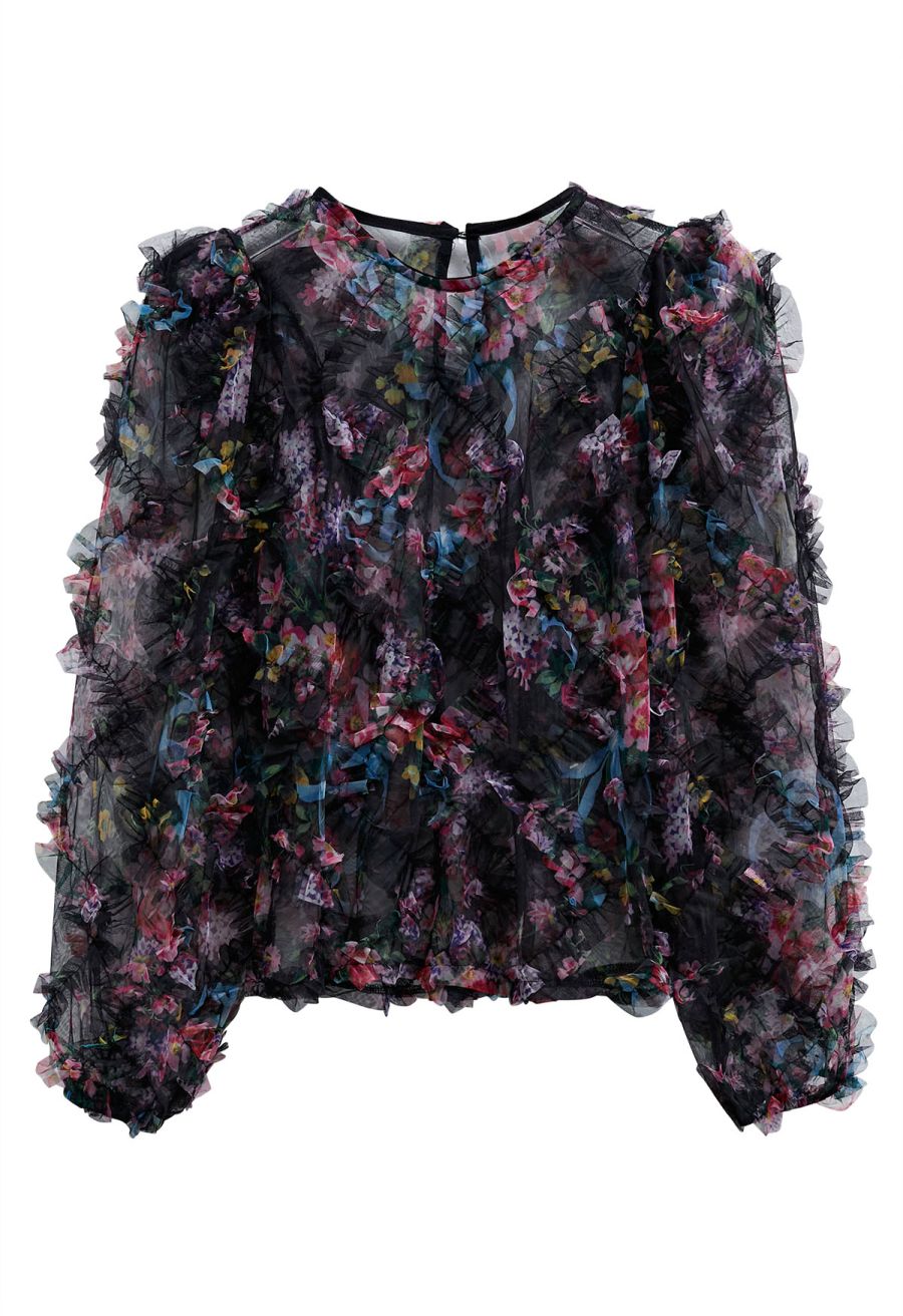 Fairy Dream Floral Ruffle Mesh Top in Black