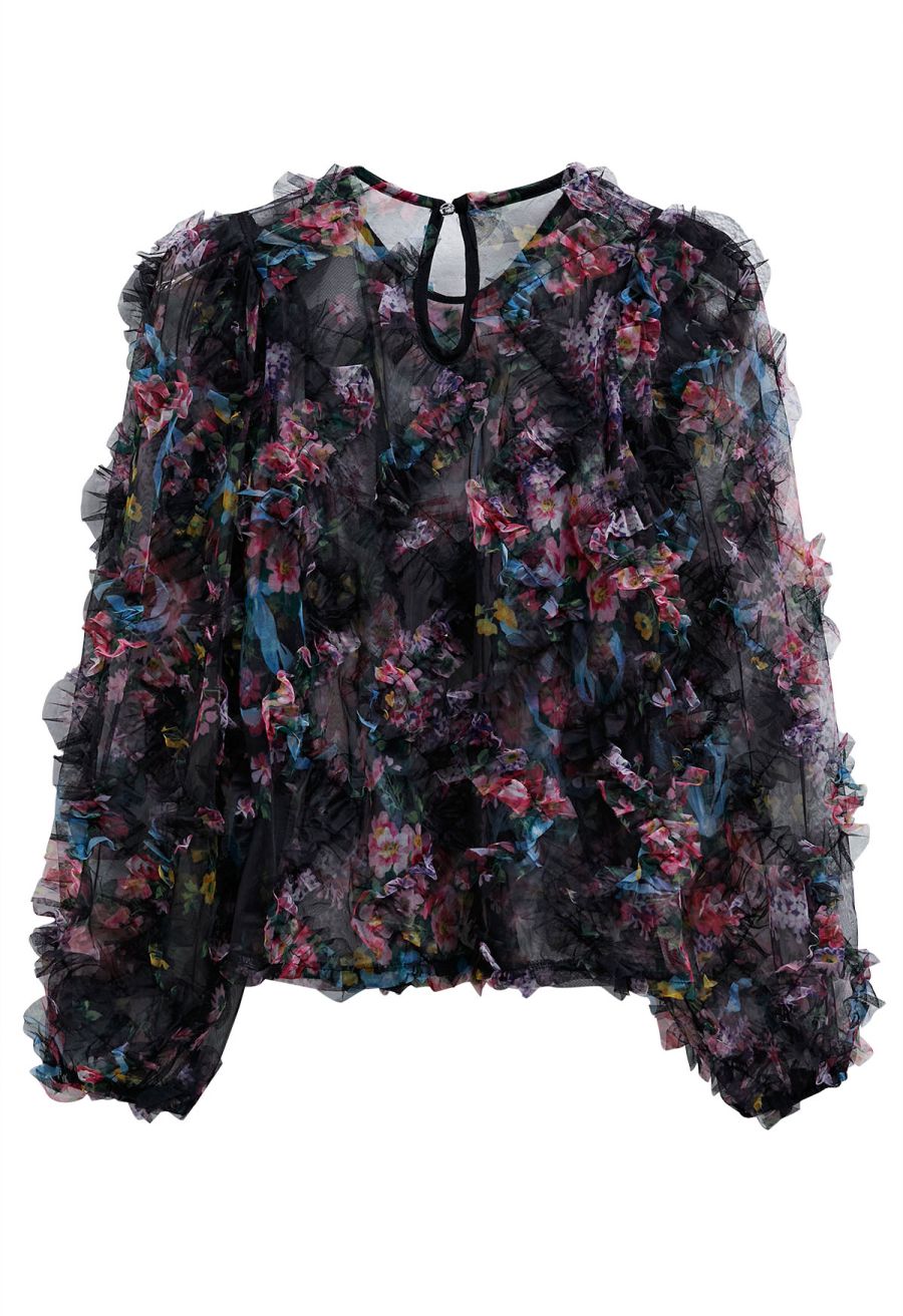 Fairy Dream Floral Ruffle Mesh Top in Black